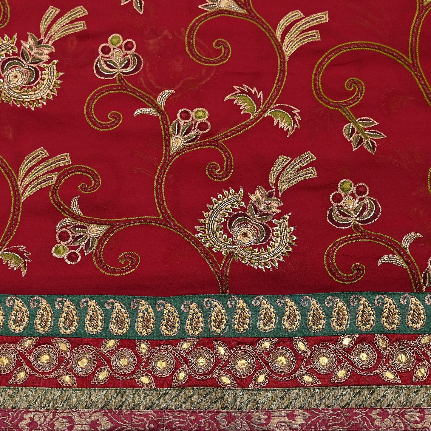 Indian Vintage Sari Red Pure Georgette Silk Hand Embroidered Sarees Craft Fabric 5Yd Sewing Soft Ethnic Wedding Sarees with Blouse Fabric