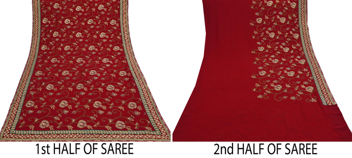Indian Vintage Sari Red Pure Georgette Silk Hand Embroidered Sarees Craft Fabric 5Yd Sewing Soft Ethnic Wedding Sarees with Blouse Fabric