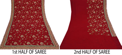 Indian Vintage Sari Red Pure Georgette Silk Hand Embroidered Sarees Craft Fabric 5Yd Sewing Soft Ethnic Wedding Sarees with Blouse Fabric