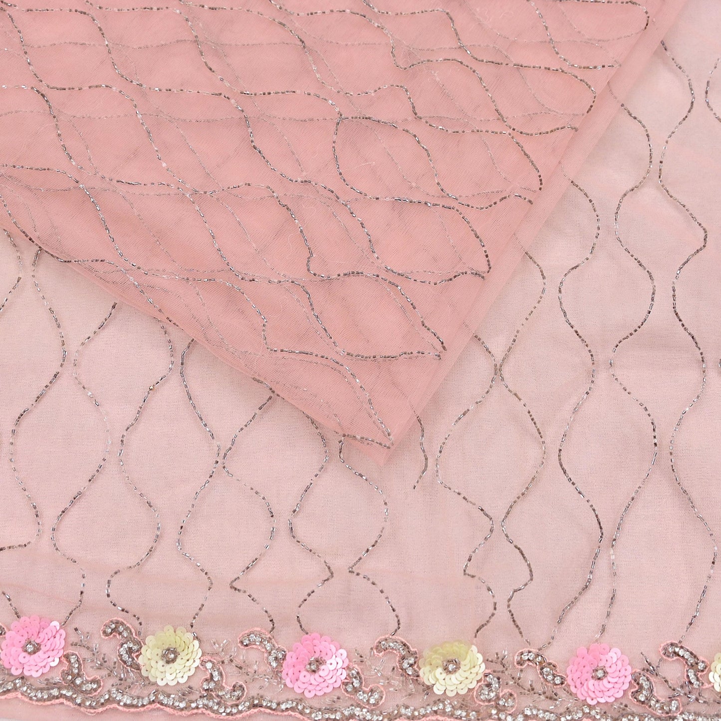 Indian Vintage Heavy Sari Peach Net/Mesh Hand Embroidered Sarees Craft Fabric 6Yd Sewing Soft Zardozi Wedding sarees With Blouse fabric