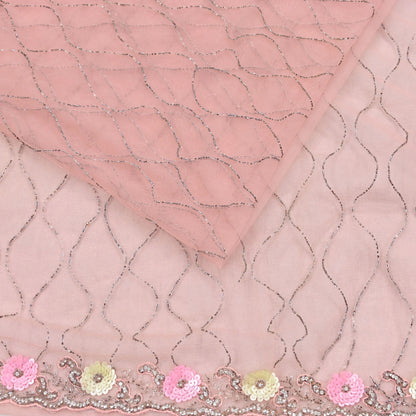 Indian Vintage Heavy Sari Peach Net/Mesh Hand Embroidered Sarees Craft Fabric 6Yd Sewing Soft Zardozi Wedding sarees With Blouse fabric