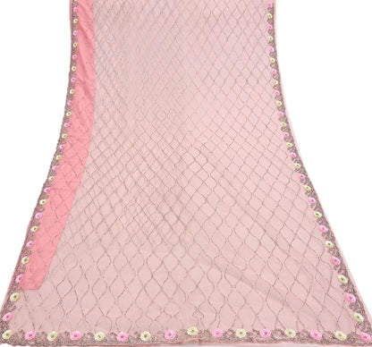 Indian Vintage Heavy Sari Peach Net/Mesh Hand Embroidered Sarees Craft Fabric 6Yd Sewing Soft Zardozi Wedding sarees With Blouse fabric