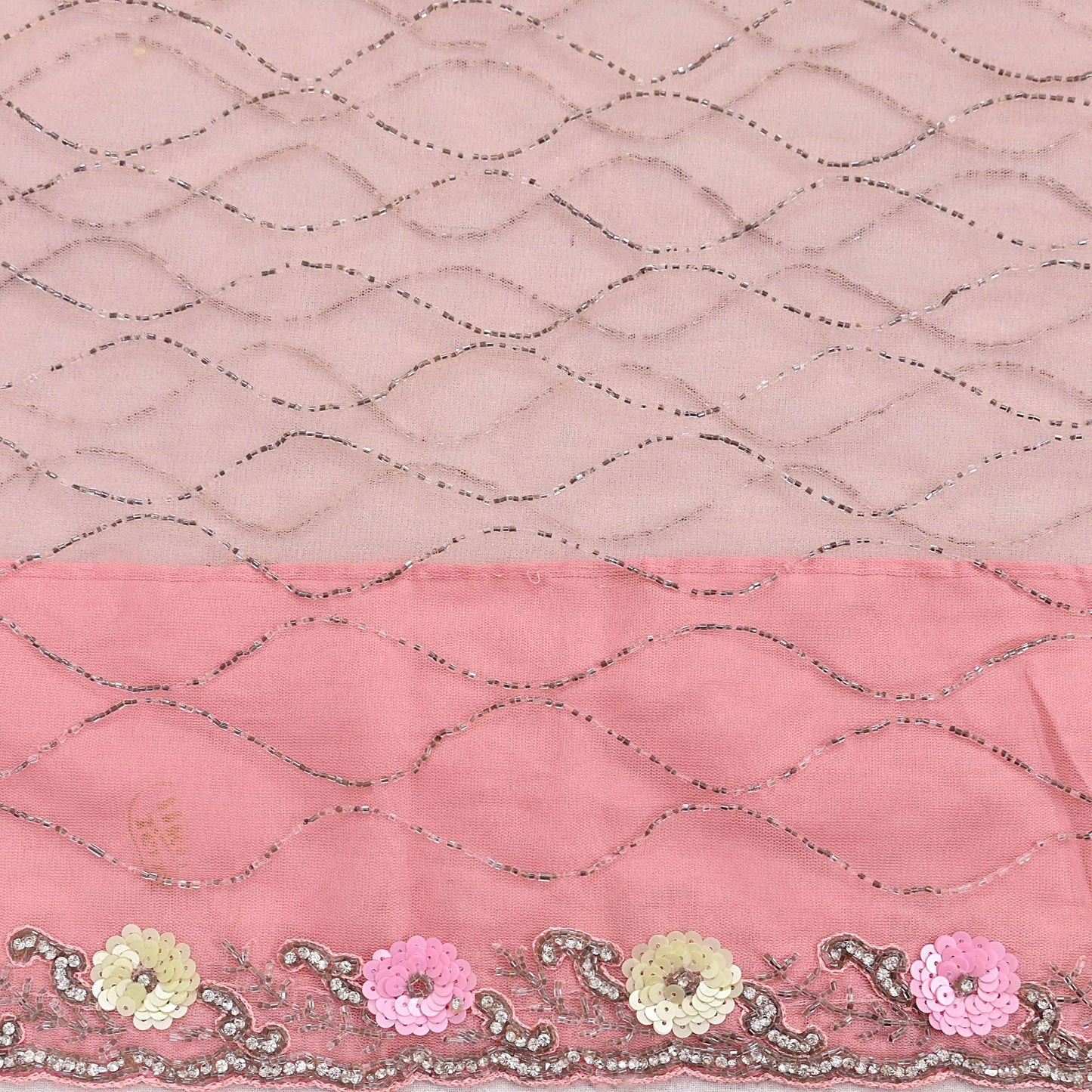 Indian Vintage Heavy Sari Peach Net/Mesh Hand Embroidered Sarees Craft Fabric 6Yd Sewing Soft Zardozi Wedding sarees With Blouse fabric