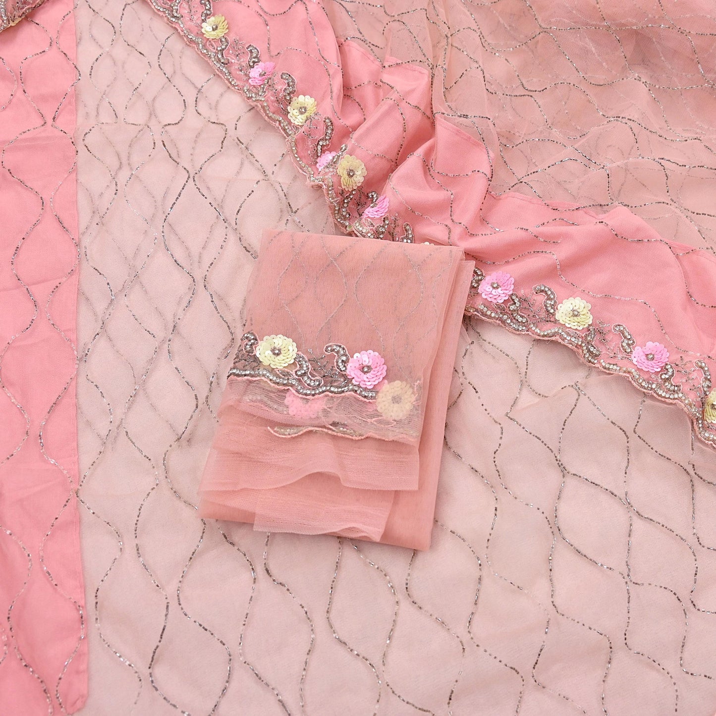 Indian Vintage Heavy Sari Peach Net/Mesh Hand Embroidered Sarees Craft Fabric 6Yd Sewing Soft Zardozi Wedding sarees With Blouse fabric