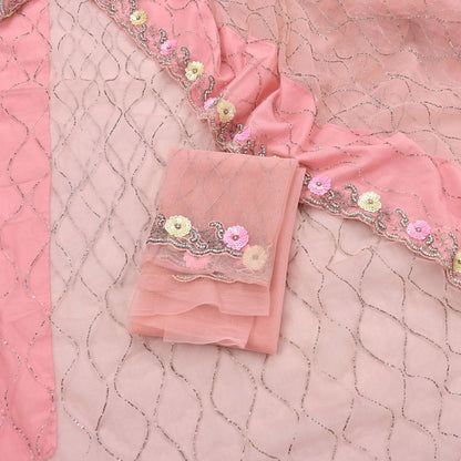 Indian Vintage Heavy Sari Peach Net/Mesh Hand Embroidered Sarees Craft Fabric 6Yd Sewing Soft Zardozi Wedding sarees With Blouse fabric