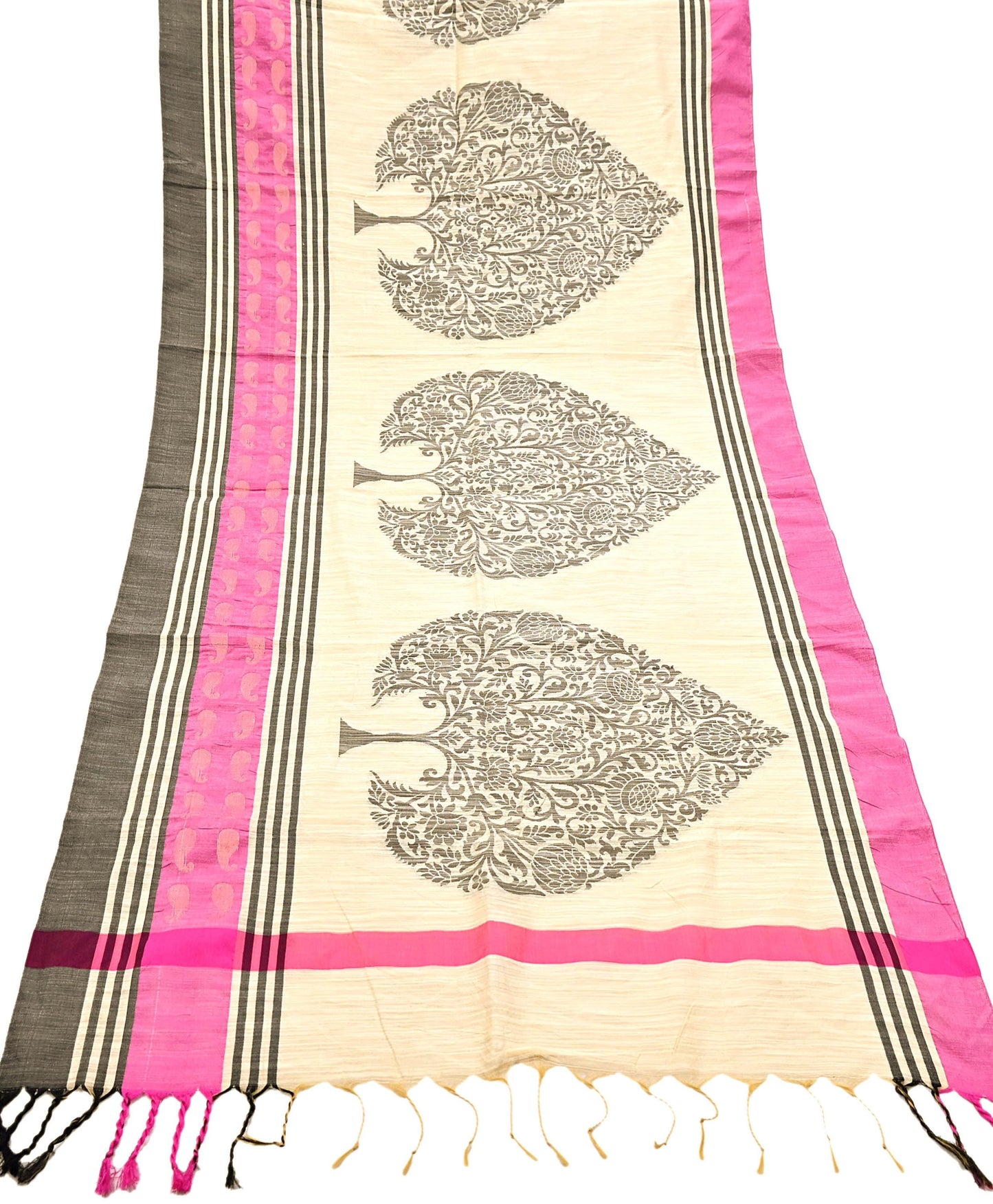 Indian Vintage Ivory Dupatta Long Stole Artificial Silk hand Woven Scarves Veil Scarf Wrap Hippie Boho Soft Floral Fringes