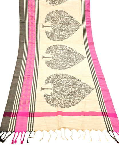 Indian Vintage Ivory Dupatta Long Stole Artificial Silk hand Woven Scarves Veil Scarf Wrap Hippie Boho Soft Floral Fringes