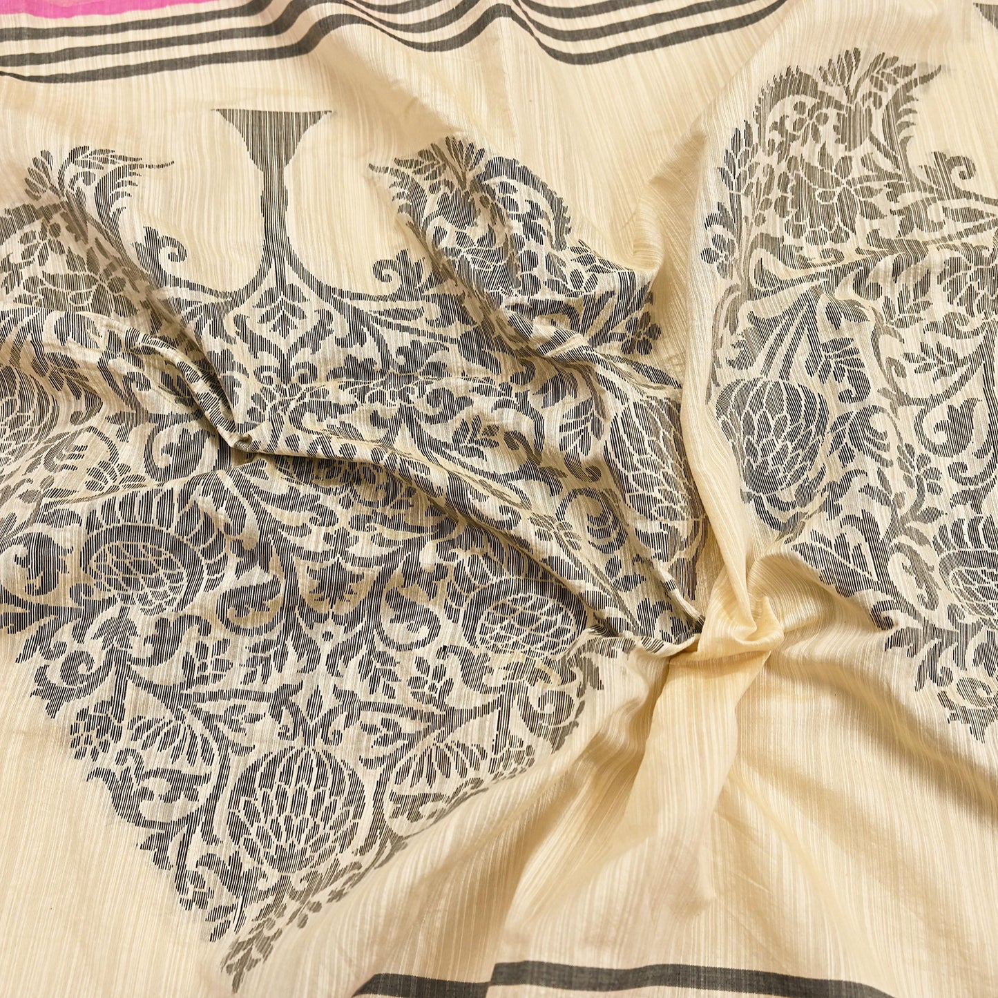 Indian Vintage Ivory Dupatta Long Stole Artificial Silk hand Woven Scarves Veil Scarf Wrap Hippie Boho Soft Floral Fringes