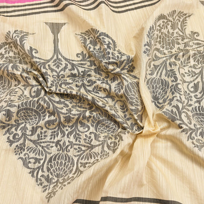 Indian Vintage Ivory Dupatta Long Stole Artificial Silk hand Woven Scarves Veil Scarf Wrap Hippie Boho Soft Floral Fringes