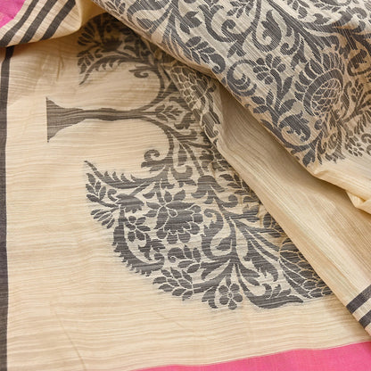 Indian Vintage Ivory Dupatta Long Stole Artificial Silk hand Woven Scarves Veil Scarf Wrap Hippie Boho Soft Floral Fringes