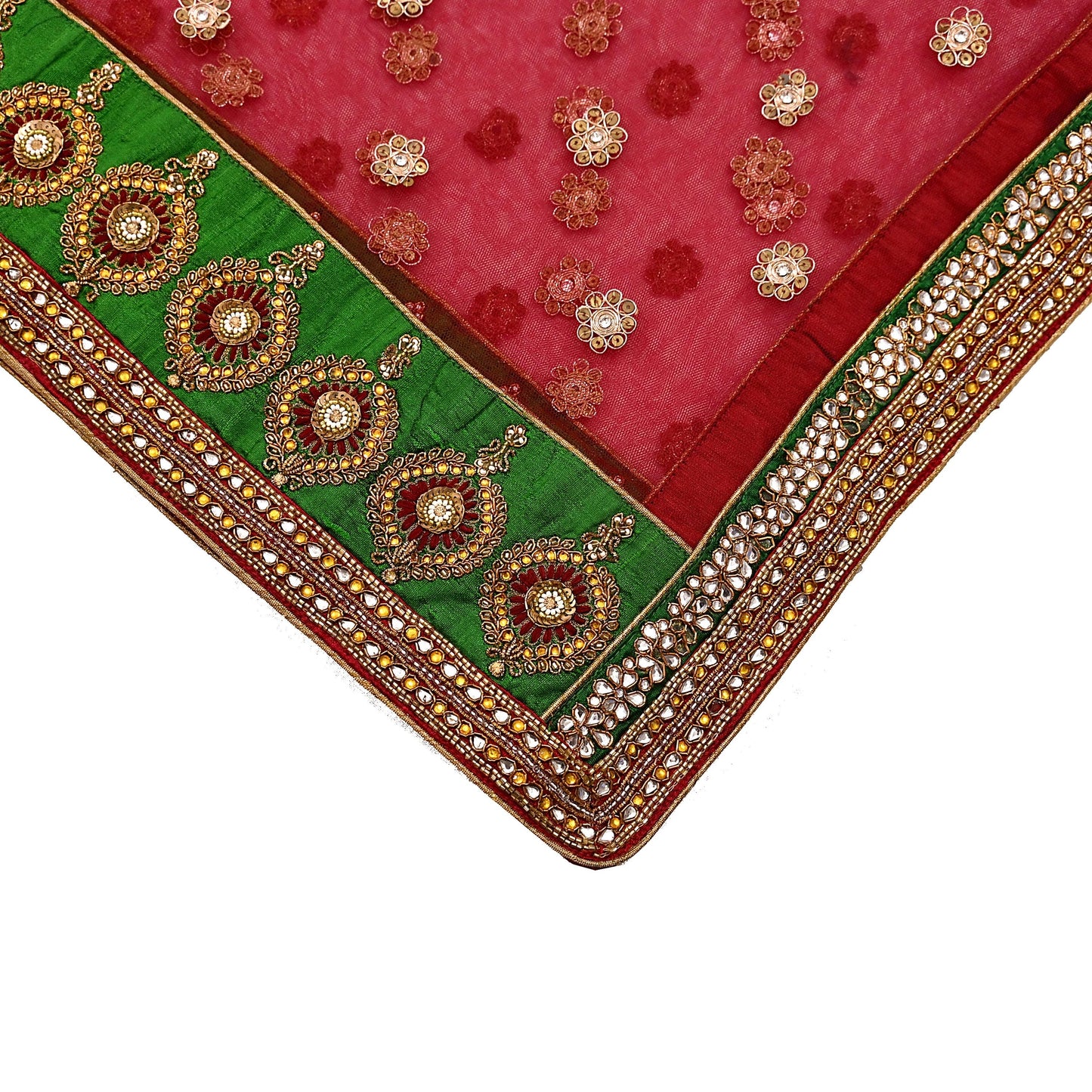 Indian Vintage Luxury Wedding Red Dupatta Net Mesh Long Stole Hand Embroidered Scarves Golden Zardozi Dabka Zari Stole