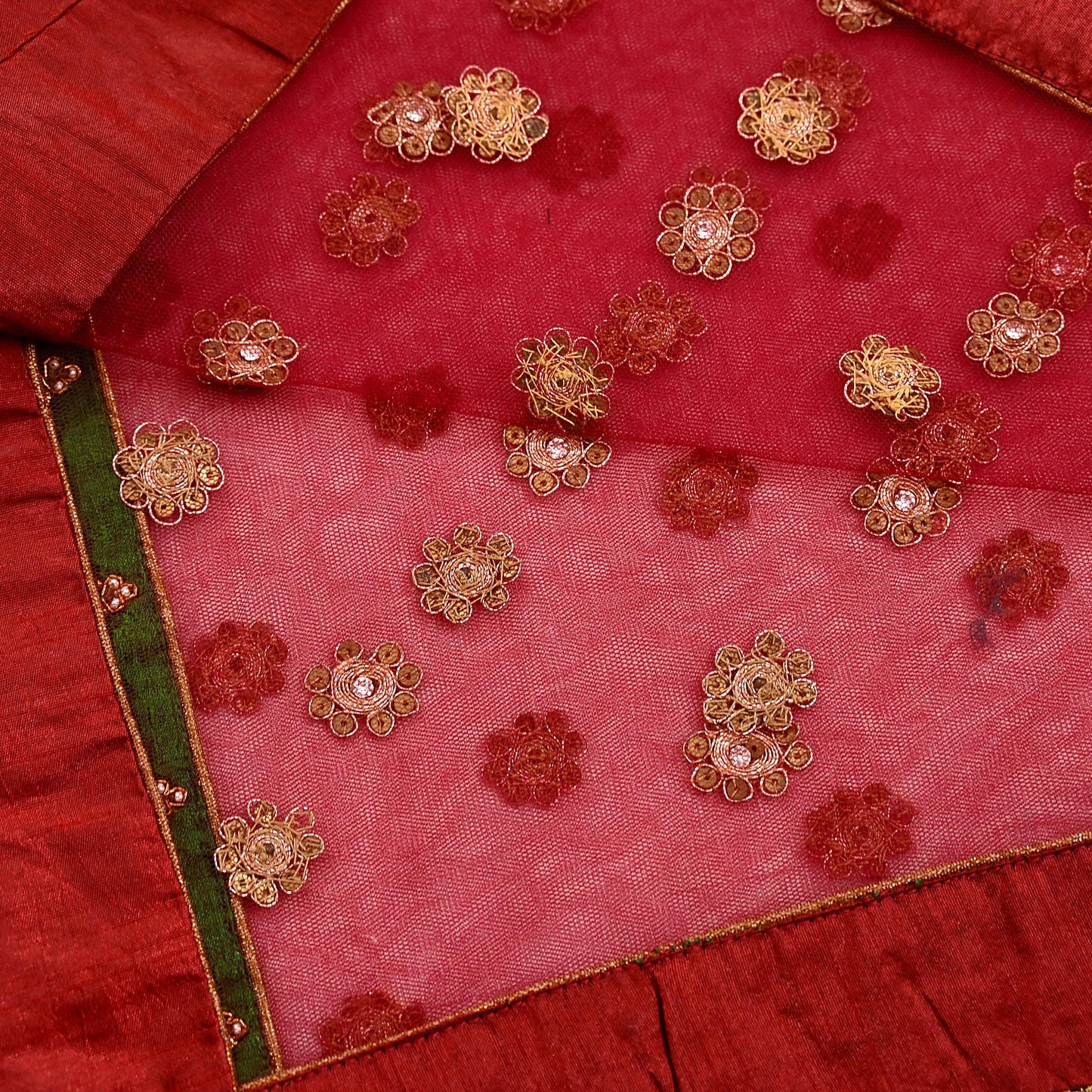 Indian Vintage Luxury Wedding Red Dupatta Net Mesh Long Stole Hand Embroidered Scarves Golden Zardozi Dabka Zari Stole