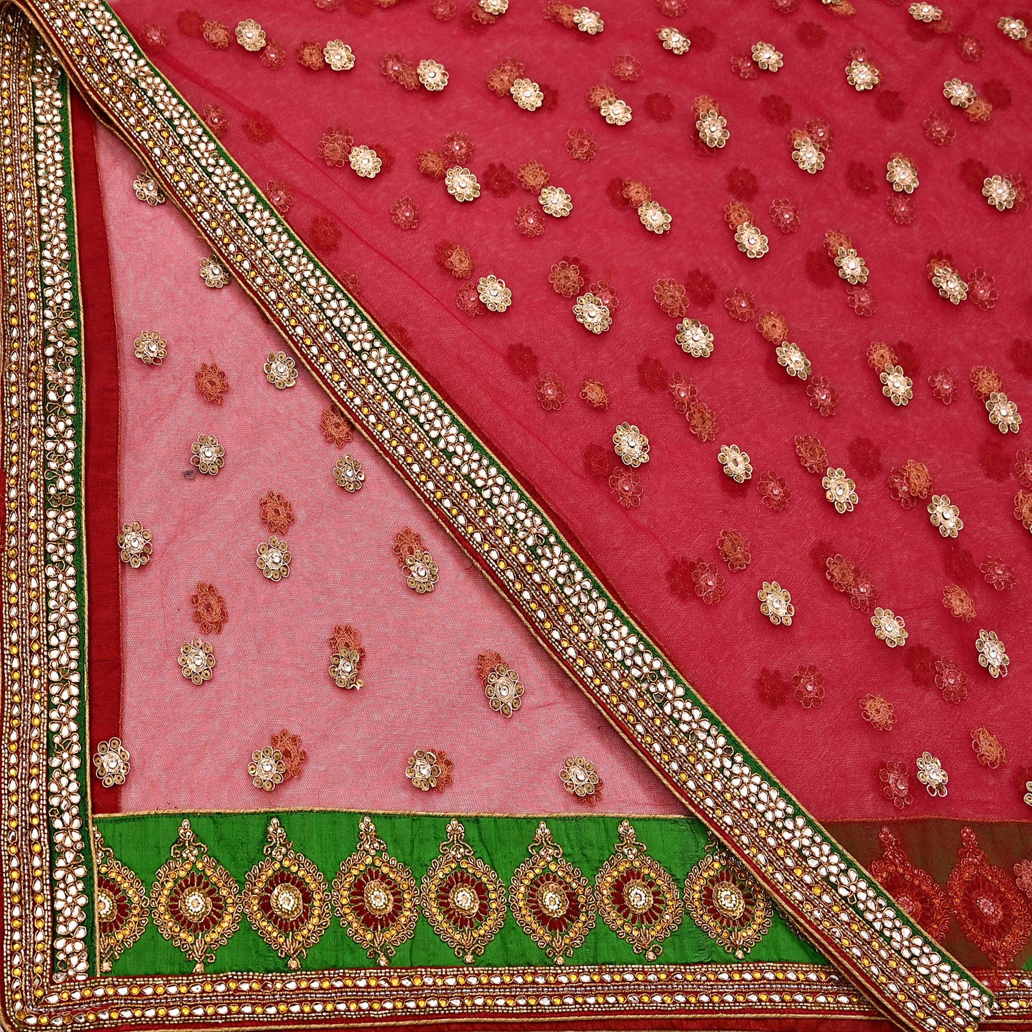 Indian Vintage Luxury Wedding Red Dupatta Net Mesh Long Stole Hand Embroidered Scarves Golden Zardozi Dabka Zari Stole