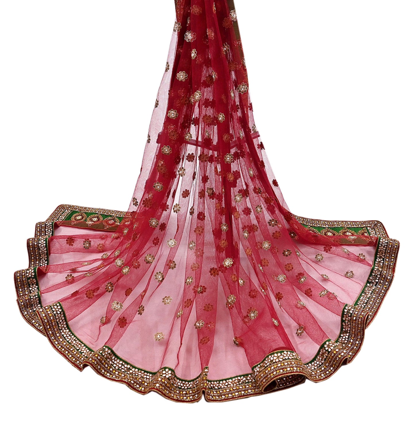Indian Vintage Luxury Wedding Red Dupatta Net Mesh Long Stole Hand Embroidered Scarves Golden Zardozi Dabka Zari Stole