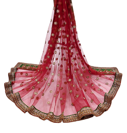 Indian Vintage Luxury Wedding Red Dupatta Net Mesh Long Stole Hand Embroidered Scarves Golden Zardozi Dabka Zari Stole