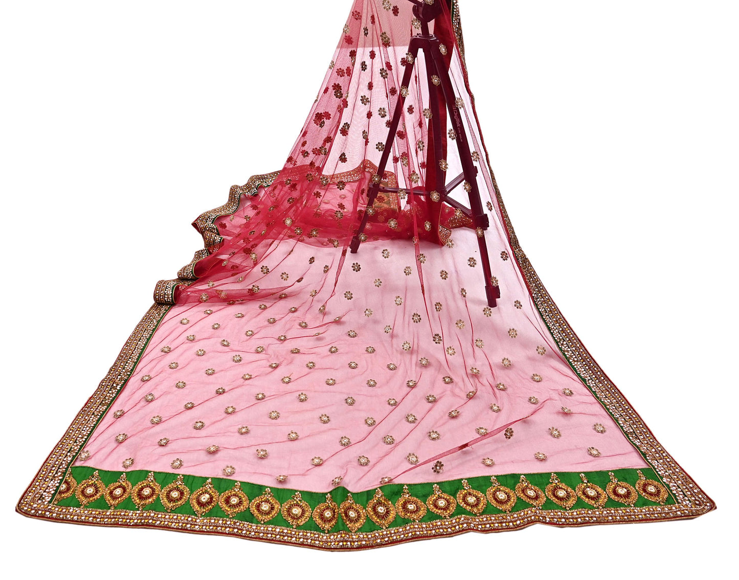 Indian Vintage Luxury Wedding Red Dupatta Net Mesh Long Stole Hand Embroidered Scarves Golden Zardozi Dabka Zari Stole