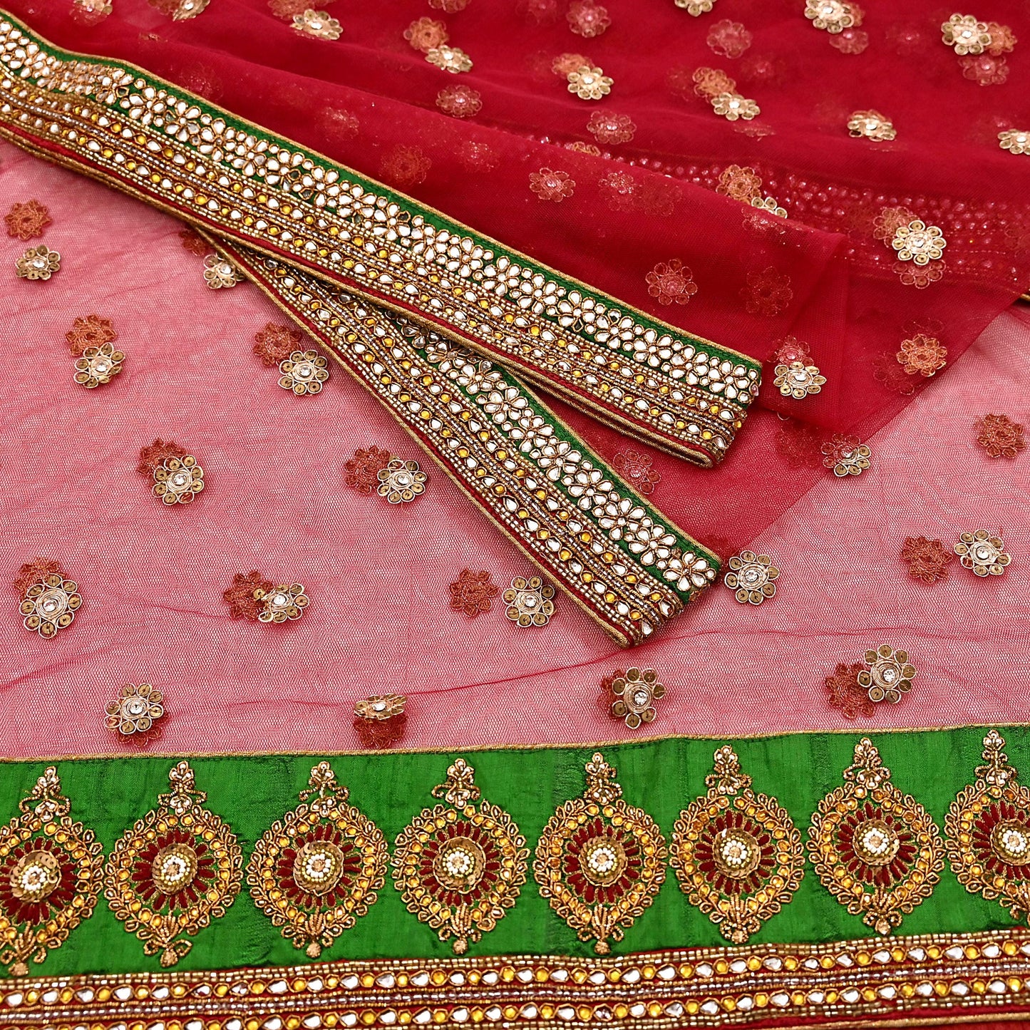 Indian Vintage Luxury Wedding Red Dupatta Net Mesh Long Stole Hand Embroidered Scarves Golden Zardozi Dabka Zari Stole