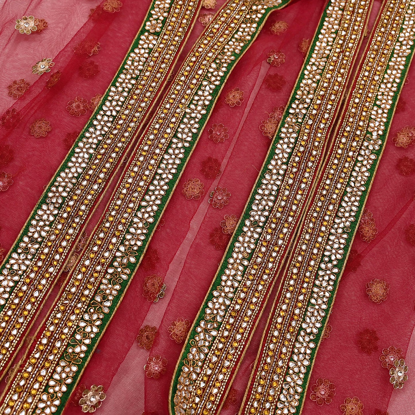 Indian Vintage Luxury Wedding Red Dupatta Net Mesh Long Stole Hand Embroidered Scarves Golden Zardozi Dabka Zari Stole
