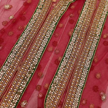 Indian Vintage Luxury Wedding Red Dupatta Net Mesh Long Stole Hand Embroidered Scarves Golden Zardozi Dabka Zari Stole