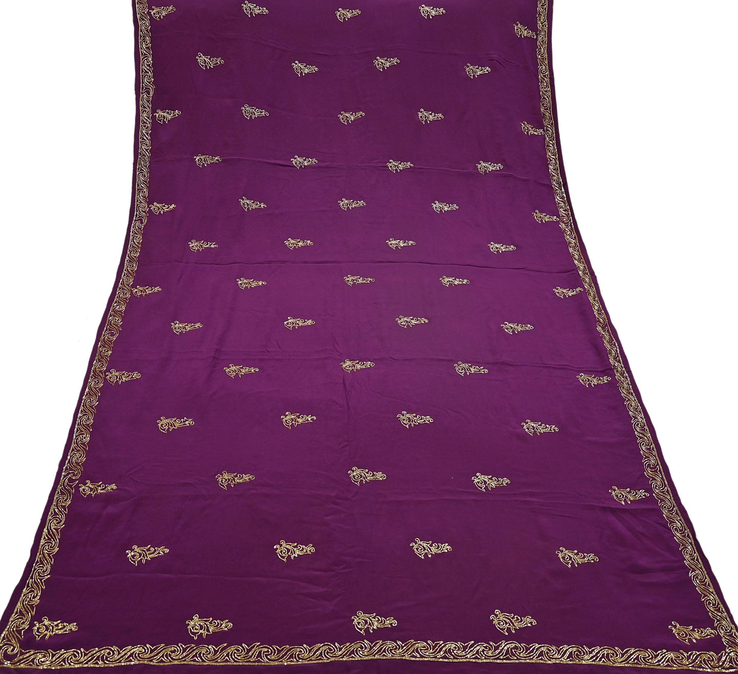 Indian Vintage Heavy Sari Purple Pure Crepe Silk Hand Embroidered Saree Craft Fabric 5Yd Sewing Dress making Crafting Quilting Blouse size M