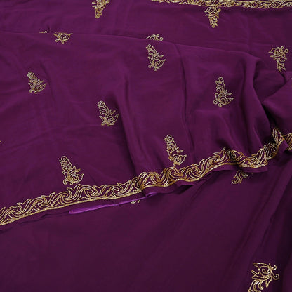 Indian Vintage Heavy Sari Purple Pure Crepe Silk Hand Embroidered Saree Craft Fabric 5Yd Sewing Dress making Crafting Quilting Blouse size M