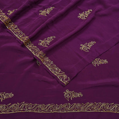 Indian Vintage Heavy Sari Purple Pure Crepe Silk Hand Embroidered Saree Craft Fabric 5Yd Sewing Dress making Crafting Quilting Blouse size M