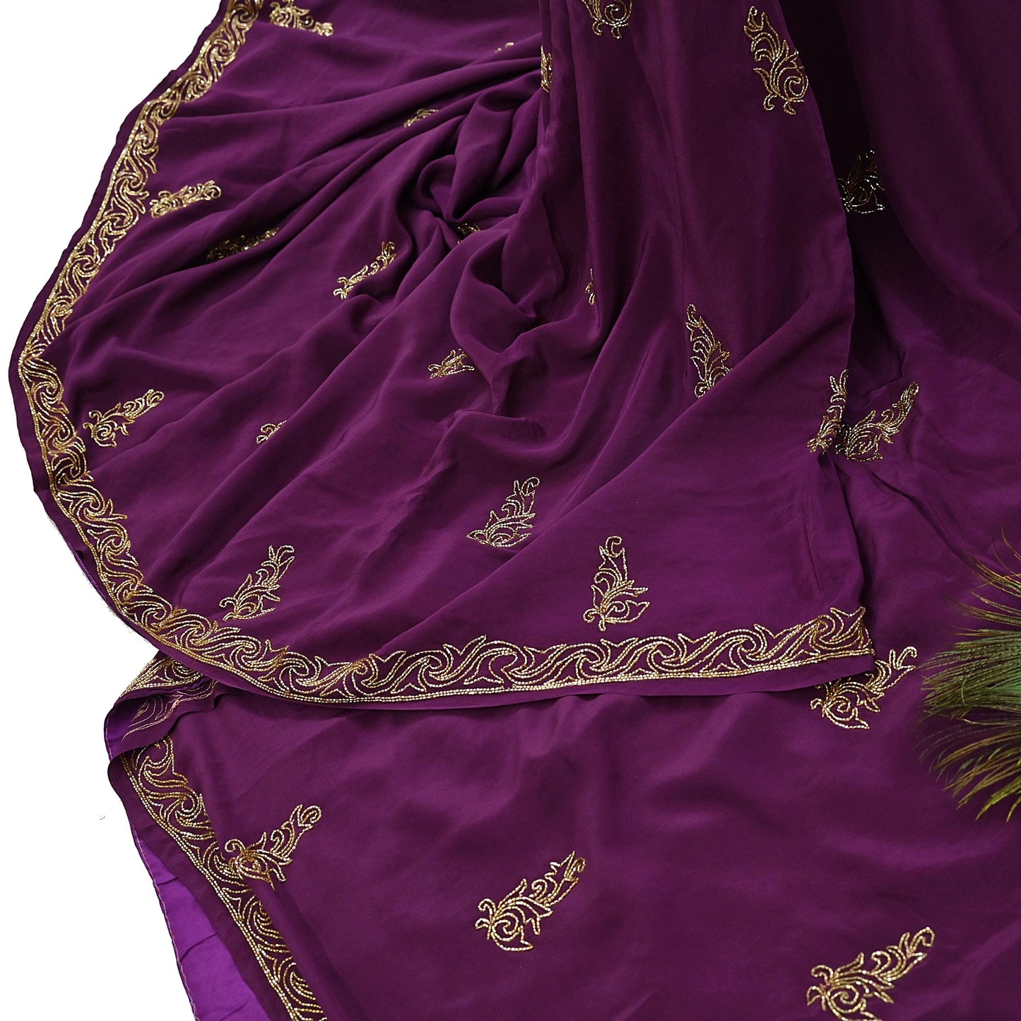 Indian Vintage Heavy Sari Purple Pure Crepe Silk Hand Embroidered Saree Craft Fabric 5Yd Sewing Dress making Crafting Quilting Blouse size M