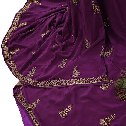Indian Vintage Heavy Sari Purple Pure Crepe Silk Hand Embroidered Saree Craft Fabric 5Yd Sewing Dress making Crafting Quilting Blouse size M