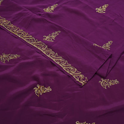Indian Vintage Heavy Sari Purple Pure Crepe Silk Hand Embroidered Saree Craft Fabric 5Yd Sewing Dress making Crafting Quilting Blouse size M
