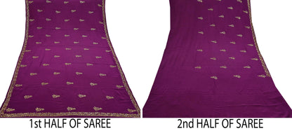 Indian Vintage Heavy Sari Purple Pure Crepe Silk Hand Embroidered Saree Craft Fabric 5Yd Sewing Dress making Crafting Quilting Blouse size M