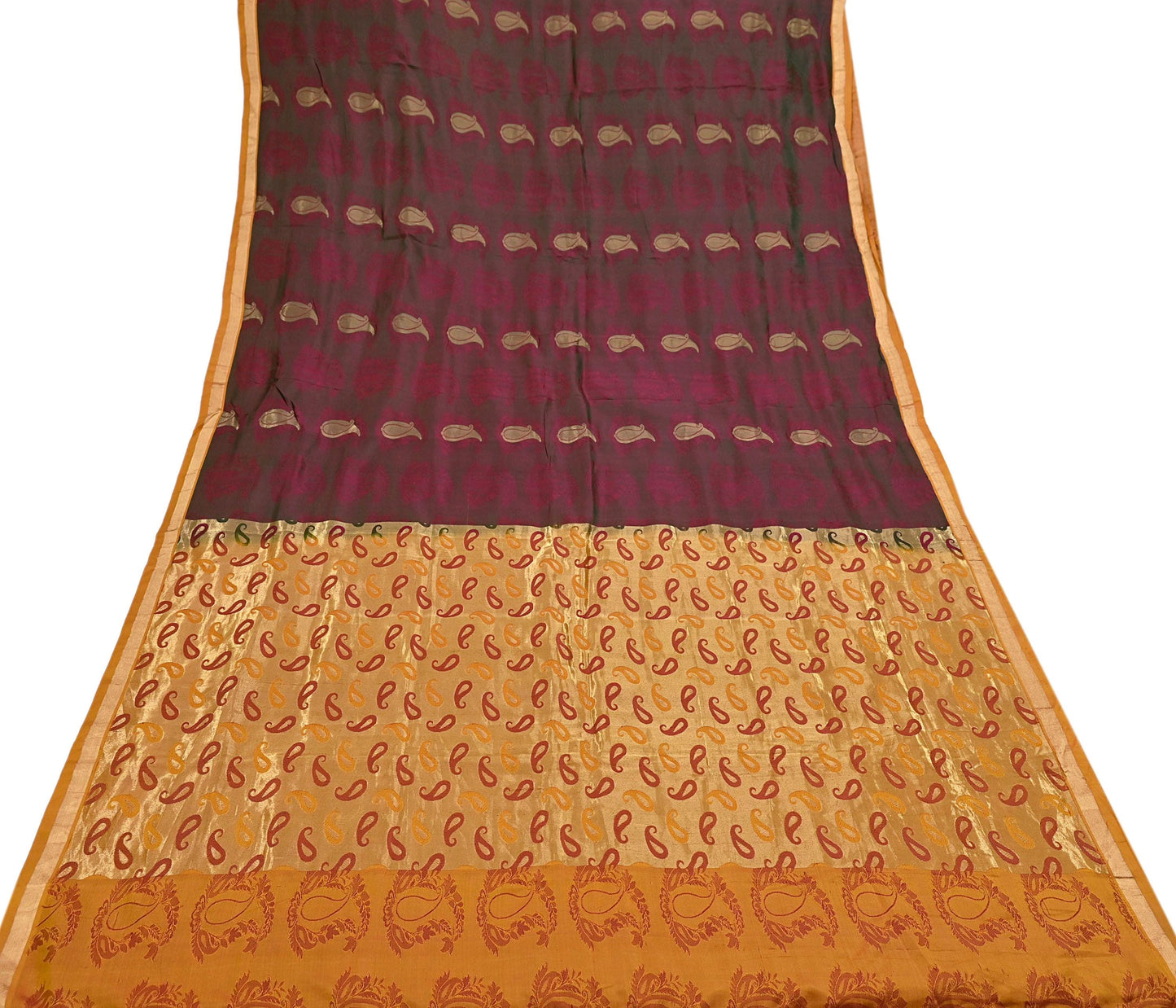 Vintage Kanjivaram Silk Saree Peach & Green Pure Silk Zari Fabric Indian Handwoven 5Yd Craft Material Dressmaking Textile