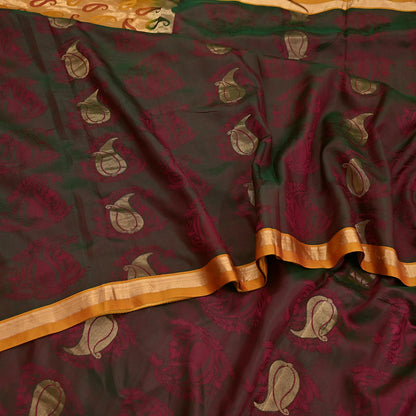 Vintage Kanjivaram Silk Saree Peach & Green Pure Silk Zari Fabric Indian Handwoven 5Yd Craft Material Dressmaking Textile