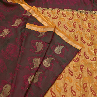 Vintage Kanjivaram Silk Saree Peach & Green Pure Silk Zari Fabric Indian Handwoven 5Yd Craft Material Dressmaking Textile