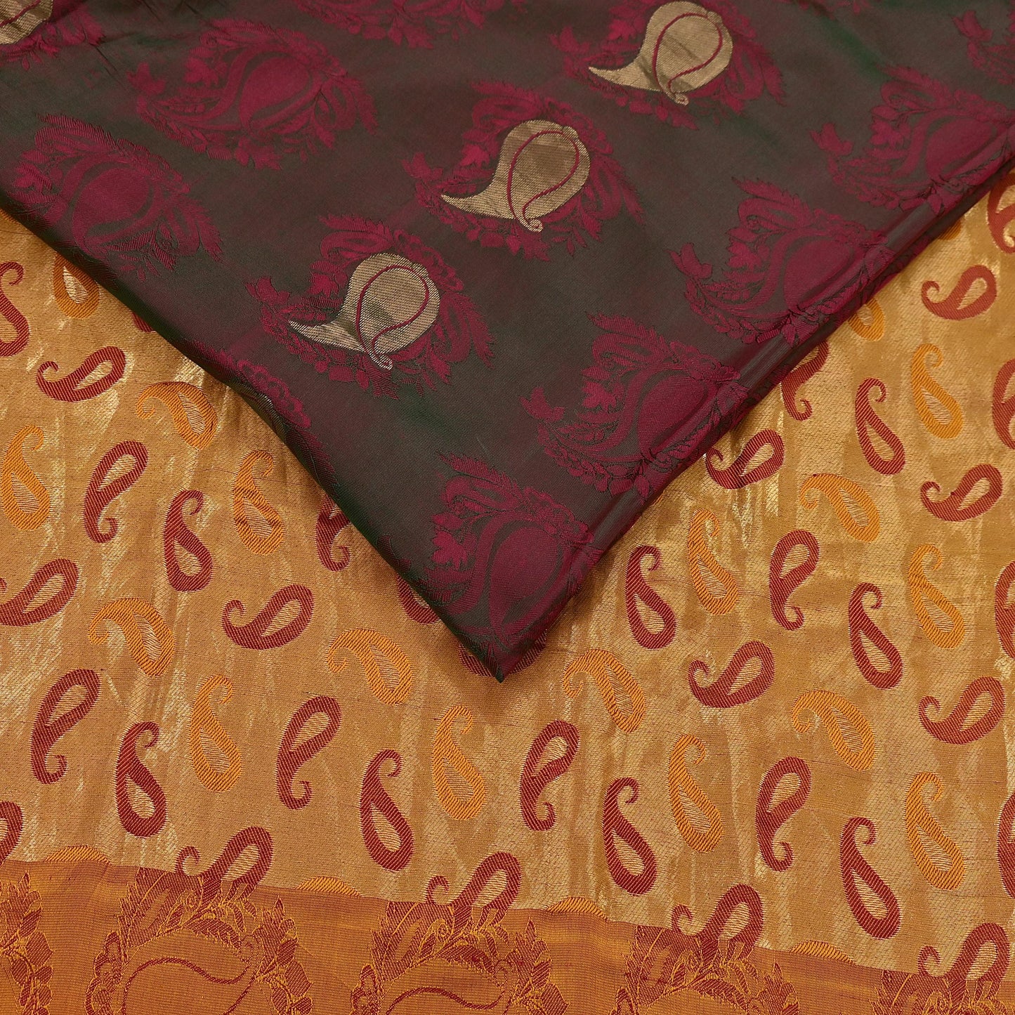 Vintage Kanjivaram Silk Saree Peach & Green Pure Silk Zari Fabric Indian Handwoven 5Yd Craft Material Dressmaking Textile