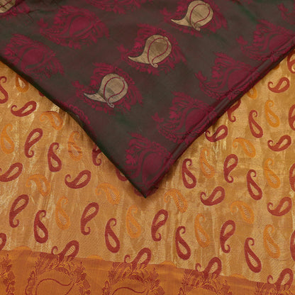 Vintage Kanjivaram Silk Saree Peach & Green Pure Silk Zari Fabric Indian Handwoven 5Yd Craft Material Dressmaking Textile