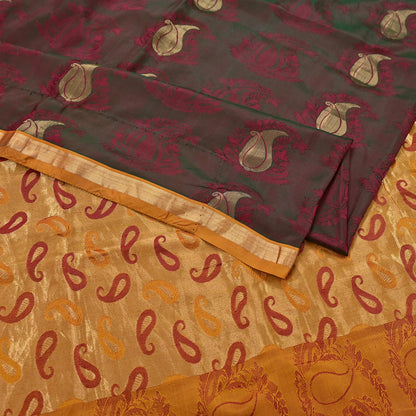 Vintage Kanjivaram Silk Saree Peach & Green Pure Silk Zari Fabric Indian Handwoven 5Yd Craft Material Dressmaking Textile