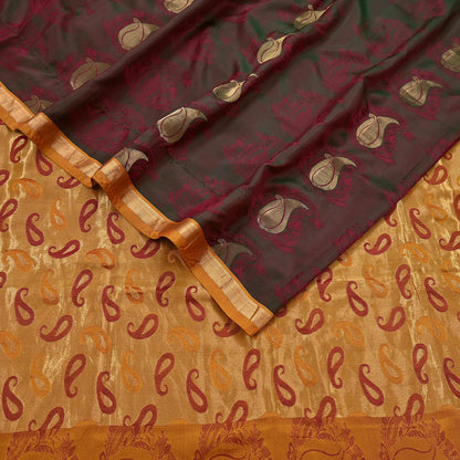 Vintage Kanjivaram Silk Saree Peach & Green Pure Silk Zari Fabric Indian Handwoven 5Yd Craft Material Dressmaking Textile