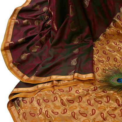 Vintage Kanjivaram Silk Saree Peach & Green Pure Silk Zari Fabric Indian Handwoven 5Yd Craft Material Dressmaking Textile