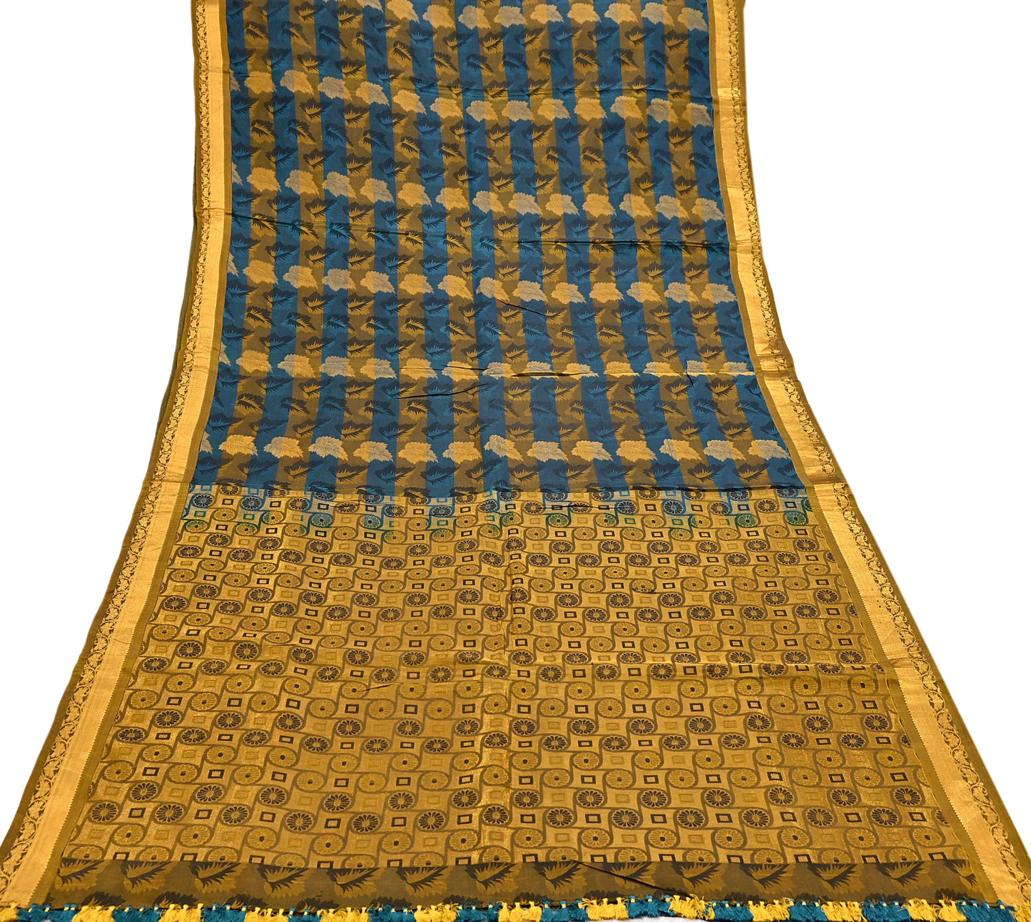 Indian Vintage Heavy Blue & green Kanjivaram Saree 100% Pure Silk Sari Metallic Golden Zari 5Yd Floral Crafting Dress making