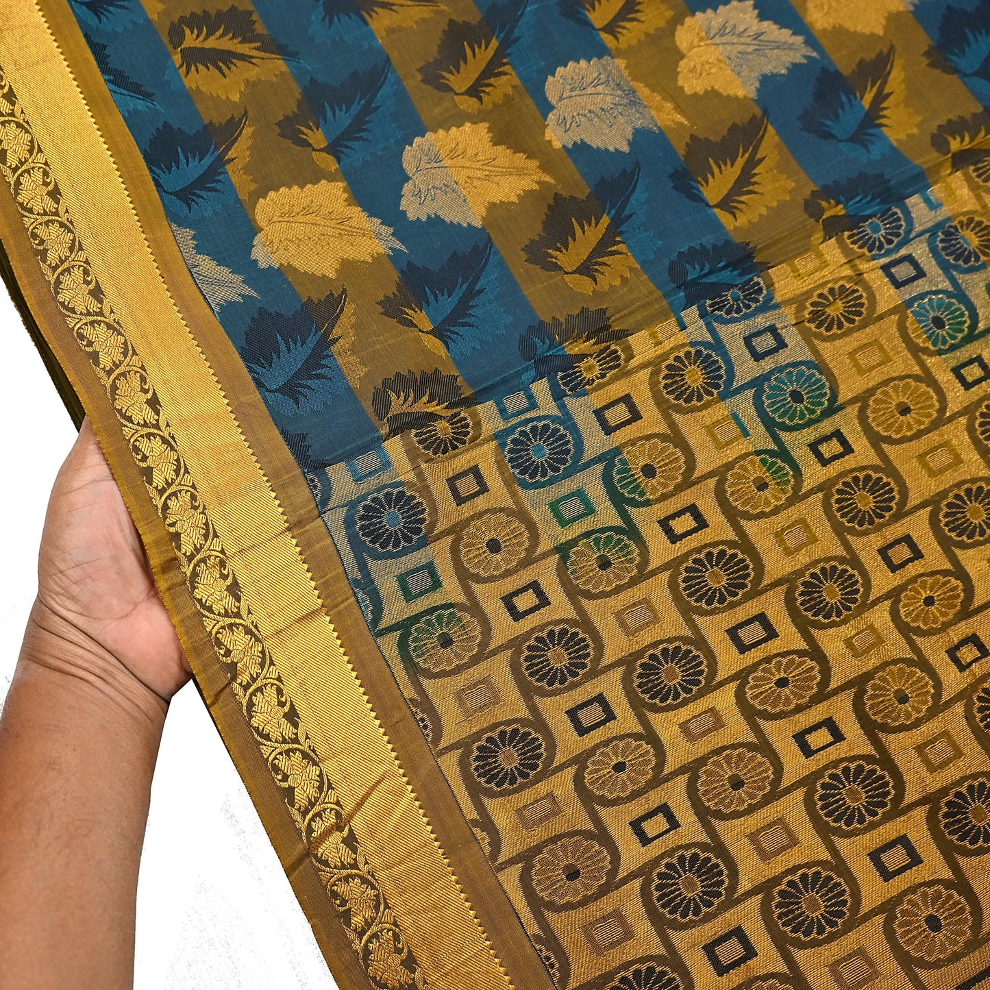 Indian Vintage Heavy Blue & green Kanjivaram Saree 100% Pure Silk Sari Metallic Golden Zari 5Yd Floral Crafting Dress making
