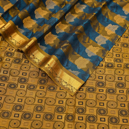 Indian Vintage Heavy Blue & green Kanjivaram Saree 100% Pure Silk Sari Metallic Golden Zari 5Yd Floral Crafting Dress making