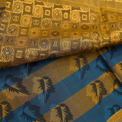 Indian Vintage Heavy Blue & green Kanjivaram Saree 100% Pure Silk Sari Metallic Golden Zari 5Yd Floral Crafting Dress making