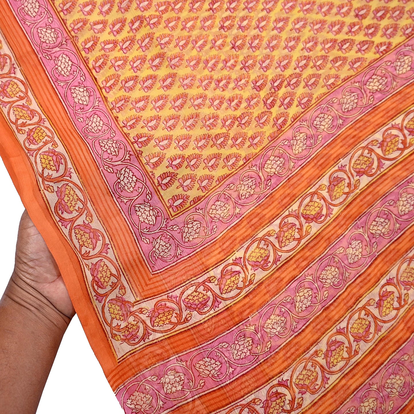 Indian Vintage Sari Yellow Pure Chiffon Silk Printed Saree 5Yd Craft Fabric Sewing Soft Light Sari Dress Making Quilting For Crating