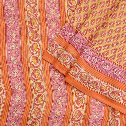 Indian Vintage Sari Yellow Pure Chiffon Silk Printed Saree 5Yd Craft Fabric Sewing Soft Light Sari Dress Making Quilting For Crating