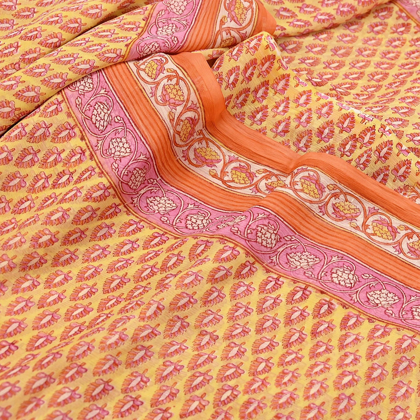 Indian Vintage Sari Yellow Pure Chiffon Silk Printed Saree 5Yd Craft Fabric Sewing Soft Light Sari Dress Making Quilting For Crating