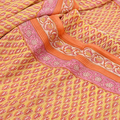Indian Vintage Sari Yellow Pure Chiffon Silk Printed Saree 5Yd Craft Fabric Sewing Soft Light Sari Dress Making Quilting For Crating