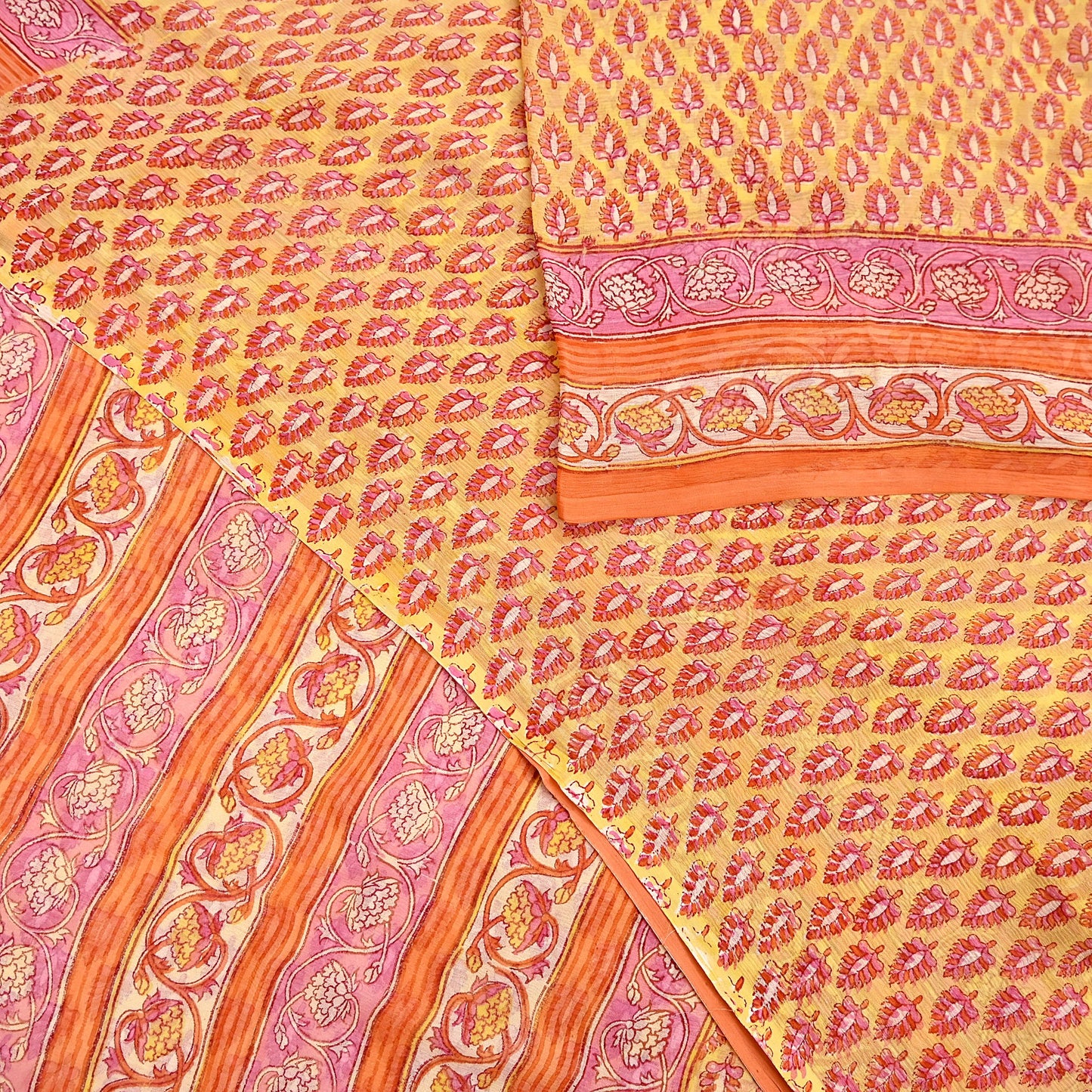Indian Vintage Sari Yellow Pure Chiffon Silk Printed Saree 5Yd Craft Fabric Sewing Soft Light Sari Dress Making Quilting For Crating