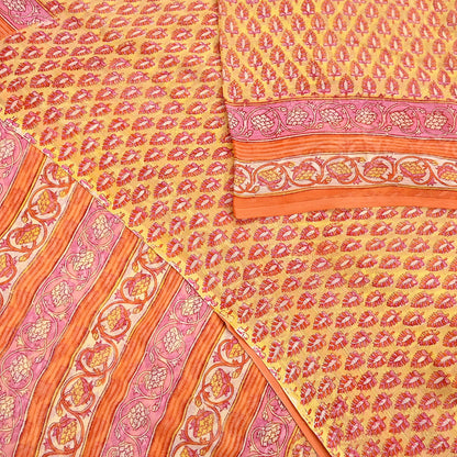 Indian Vintage Sari Yellow Pure Chiffon Silk Printed Saree 5Yd Craft Fabric Sewing Soft Light Sari Dress Making Quilting For Crating