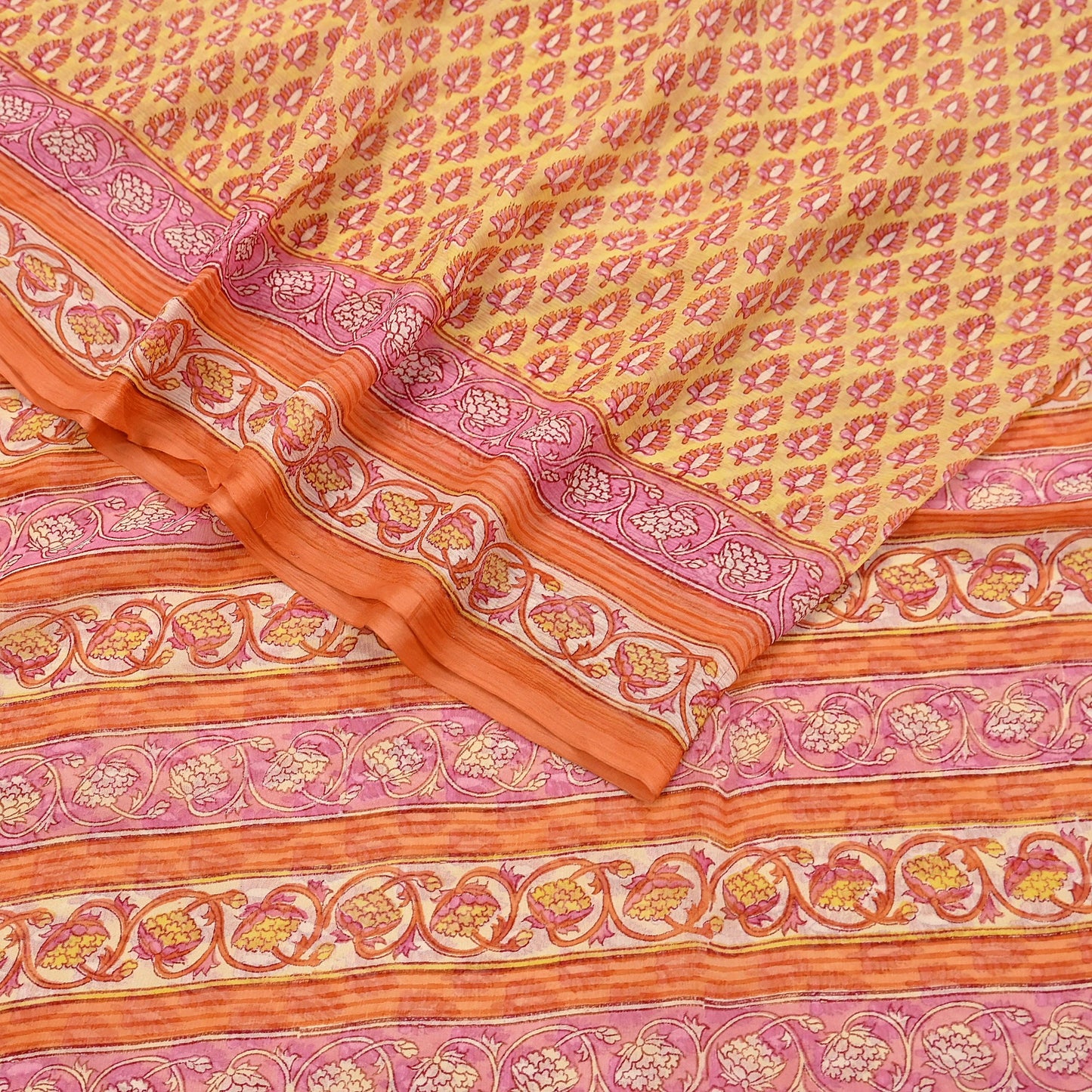 Indian Vintage Sari Yellow Pure Chiffon Silk Printed Saree 5Yd Craft Fabric Sewing Soft Light Sari Dress Making Quilting For Crating