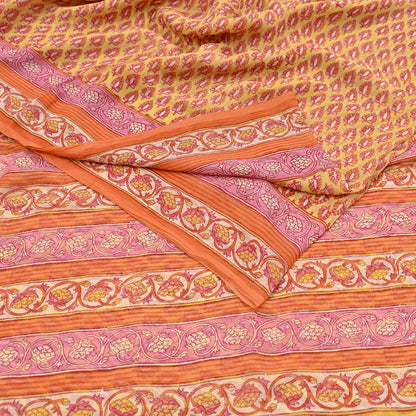 Indian Vintage Sari Yellow Pure Chiffon Silk Printed Saree 5Yd Craft Fabric Sewing Soft Light Sari Dress Making Quilting For Crating